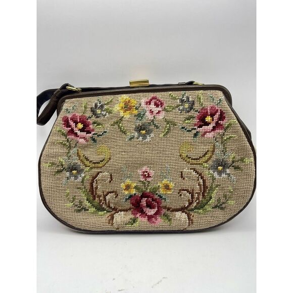Handbags - Vtg Petit Point Needlework Purse Handbag Floral‎ Gold Clasp 50s60s